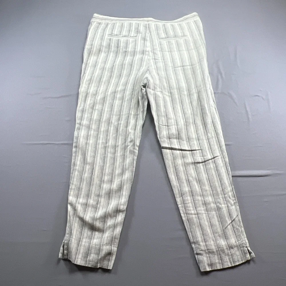 Banana Republic Hayden Pants Women 6 White Gray Striped Linen Slit Elastic Waist